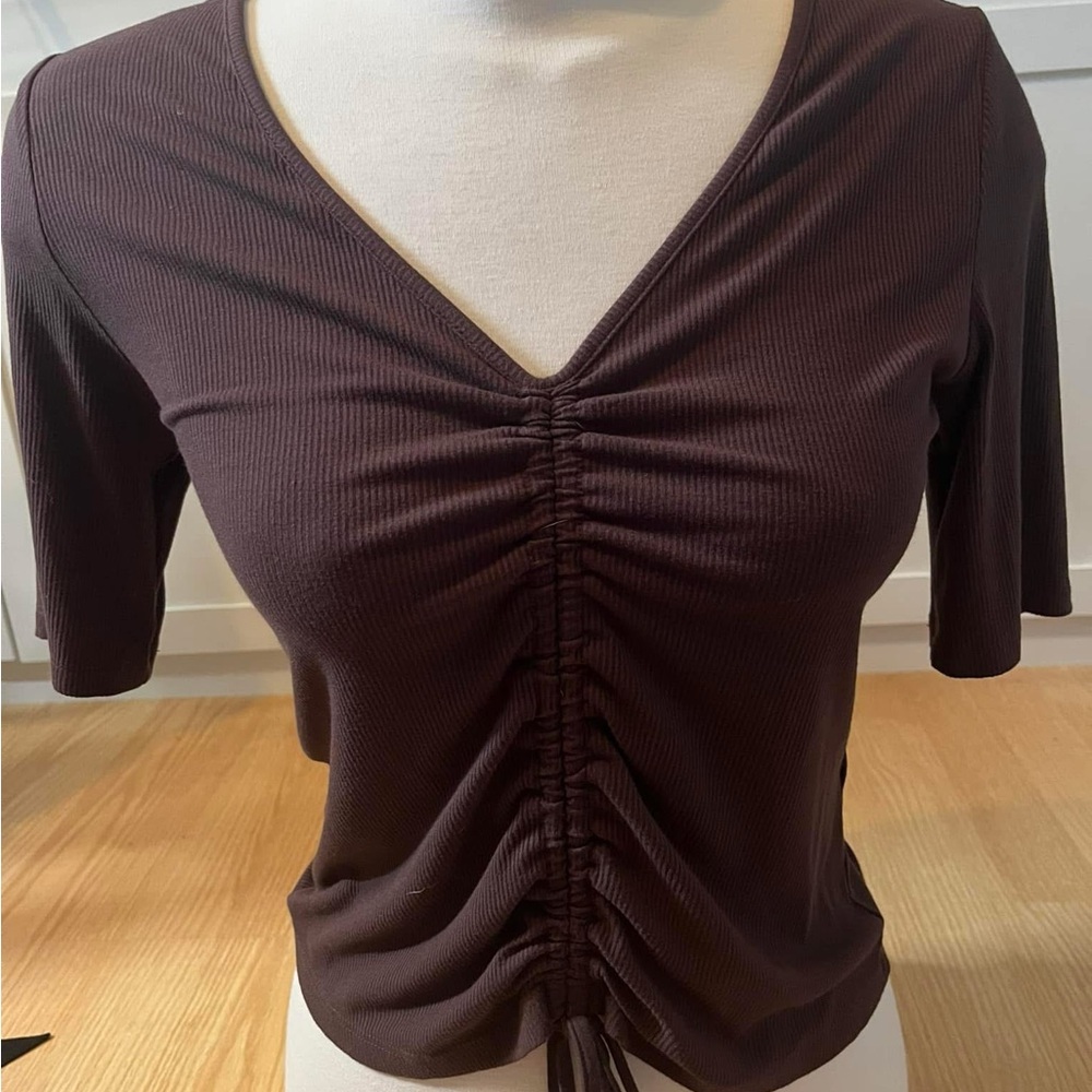Ruched V-Neck Brown Top